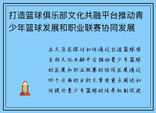 打造篮球俱乐部文化共融平台推动青少年篮球发展和职业联赛协同发展