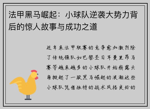 法甲黑马崛起：小球队逆袭大势力背后的惊人故事与成功之道