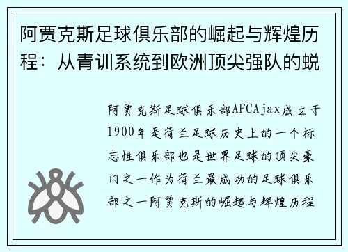 阿贾克斯足球俱乐部的崛起与辉煌历程：从青训系统到欧洲顶尖强队的蜕变
