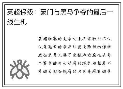 英超保级：豪门与黑马争夺的最后一线生机