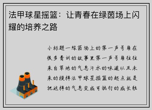 法甲球星摇篮：让青春在绿茵场上闪耀的培养之路