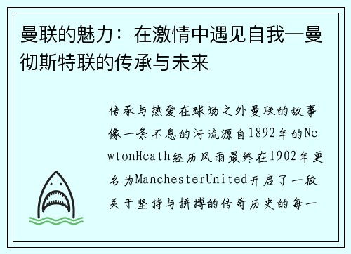 曼联的魅力：在激情中遇见自我—曼彻斯特联的传承与未来