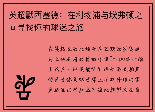 英超默西塞德：在利物浦与埃弗顿之间寻找你的球迷之旅
